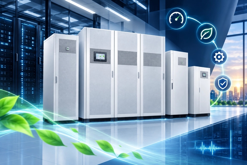 ตู้ UPS 3 เฟสหลายขนาดเรียงกันในห้องระบบไฟฟ้า พร้อมสัญลักษณ์ประสิทธิภาพและการประหยัดพลังงาน